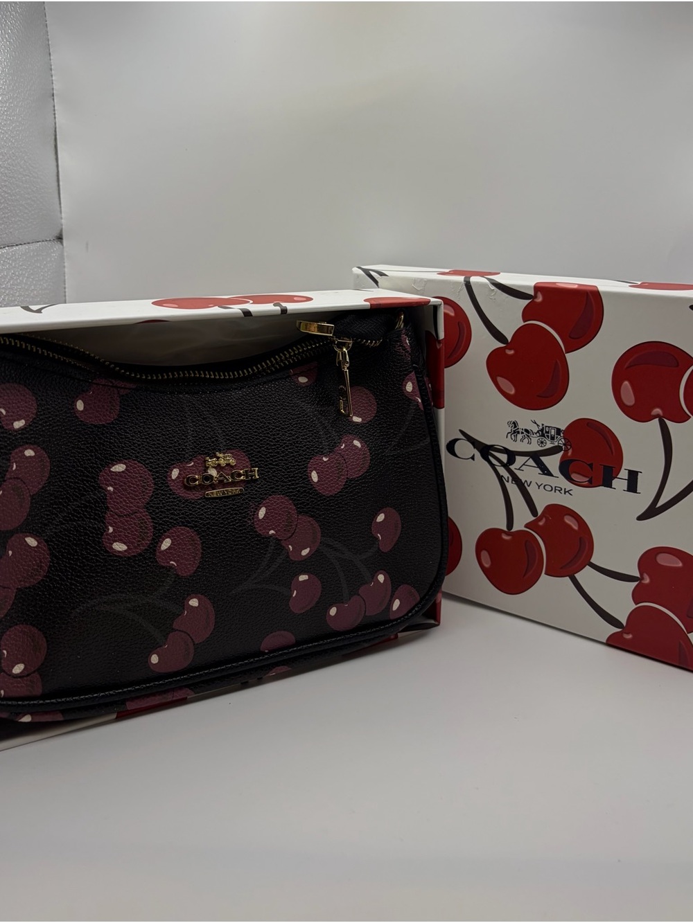 COACH Black Cherry-Print Mini Hobo Bag with Pink Accents - Picture 2 of 5